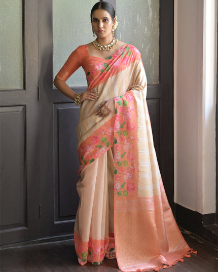 Cream Banarasi Silk Zari Woven Saree For Festival