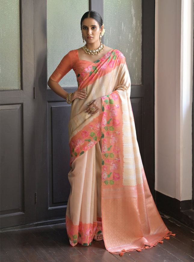 Cream Banarasi Silk Zari Woven Saree For Festival