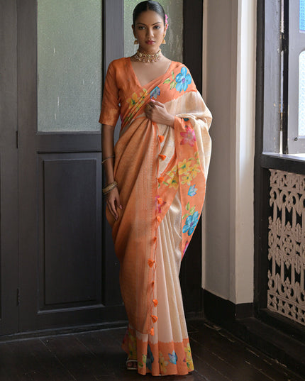 Orange Banarasi Silk Zari Woven Saree For Festival