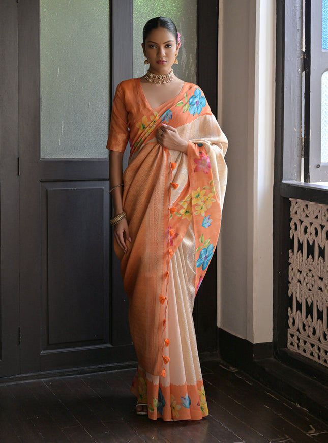 Orange Banarasi Silk Zari Woven Saree For Festival