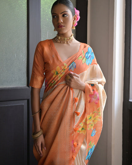 Orange Banarasi Silk Zari Woven Saree For Festival