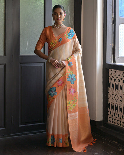 Orange Banarasi Silk Zari Woven Saree For Festival