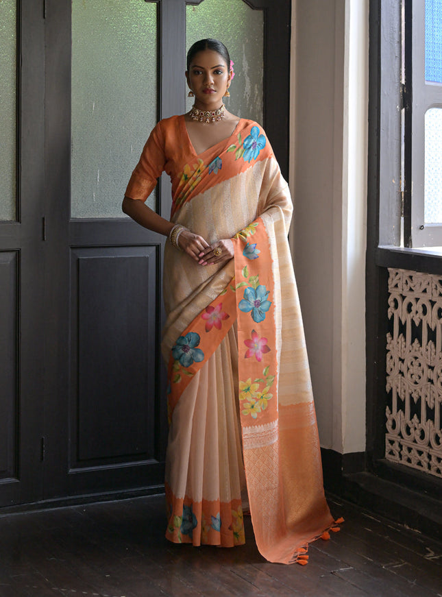 Orange Banarasi Silk Zari Woven Saree For Festival