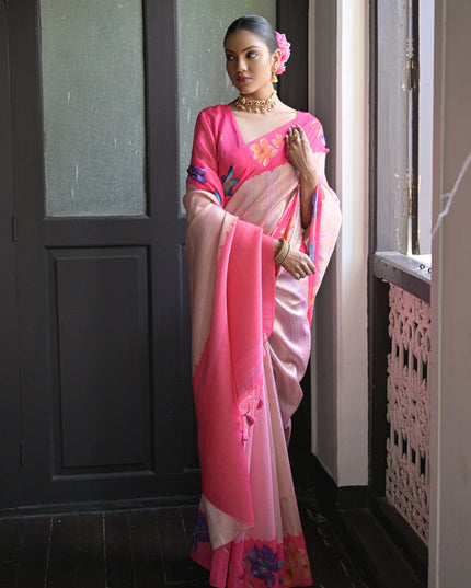 Pink Banarasi Silk Zari Woven Saree For Festival