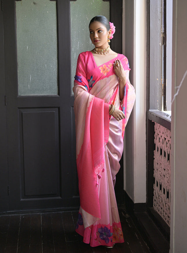 Pink Banarasi Silk Zari Woven Saree For Festival