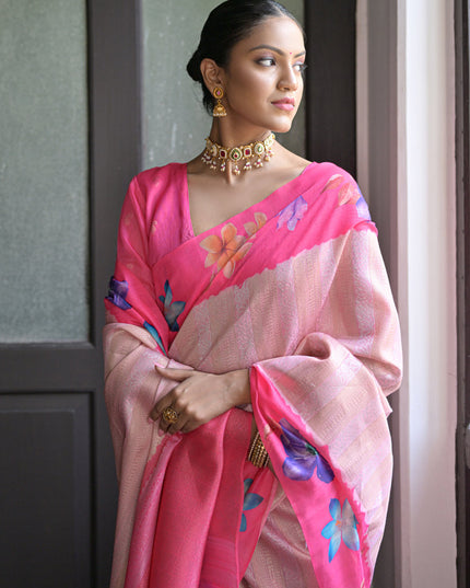 Pink Banarasi Silk Zari Woven Saree For Festival