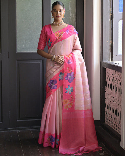 Pink Banarasi Silk Zari Woven Saree For Festival