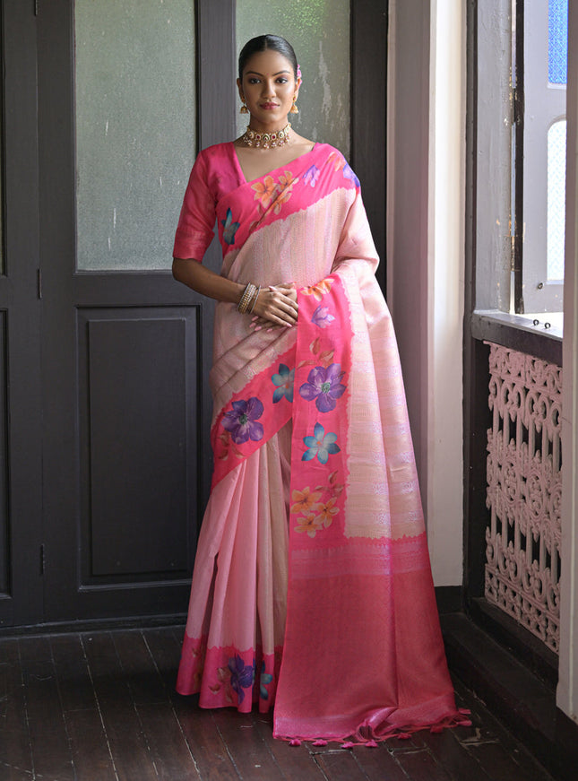 Pink Banarasi Silk Zari Woven Saree For Festival