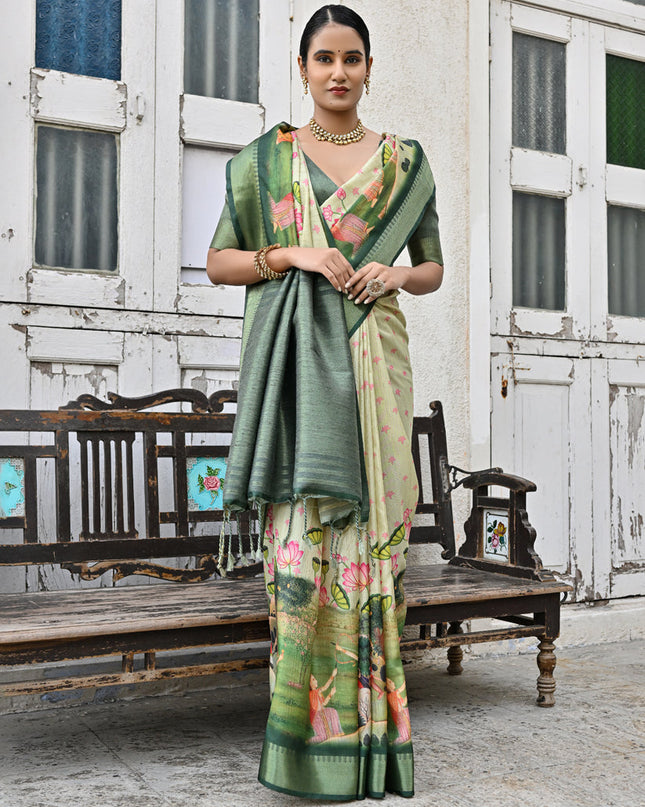 Green Soft Tussar Silk Zari Woven Saree For Festival