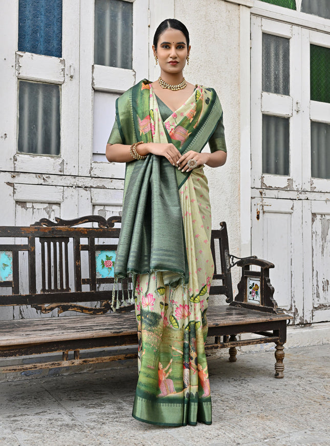 Green Soft Tussar Silk Zari Woven Saree For Festival