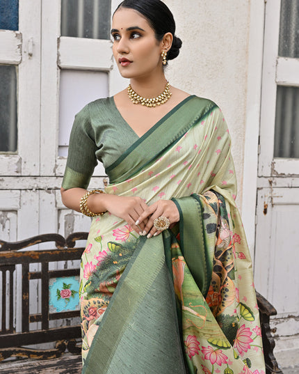 Green Soft Tussar Silk Zari Woven Saree For Festival