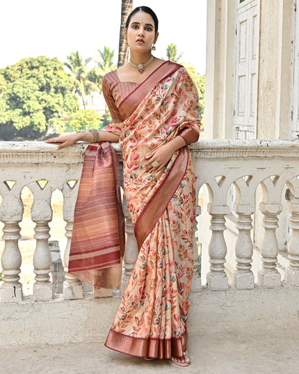 Brown Soft Tussar Silk Zari Woven Saree For Festival