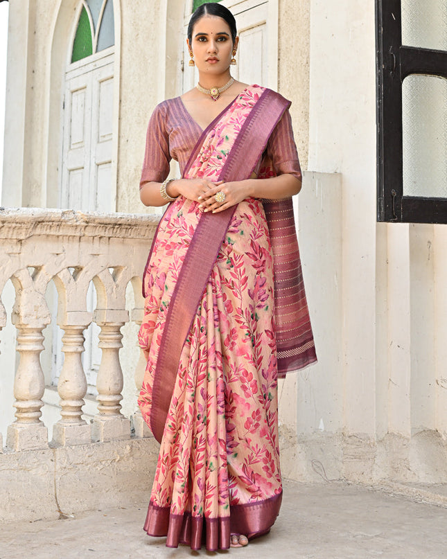Pink Soft Tussar Silk Zari Woven Saree For Festival