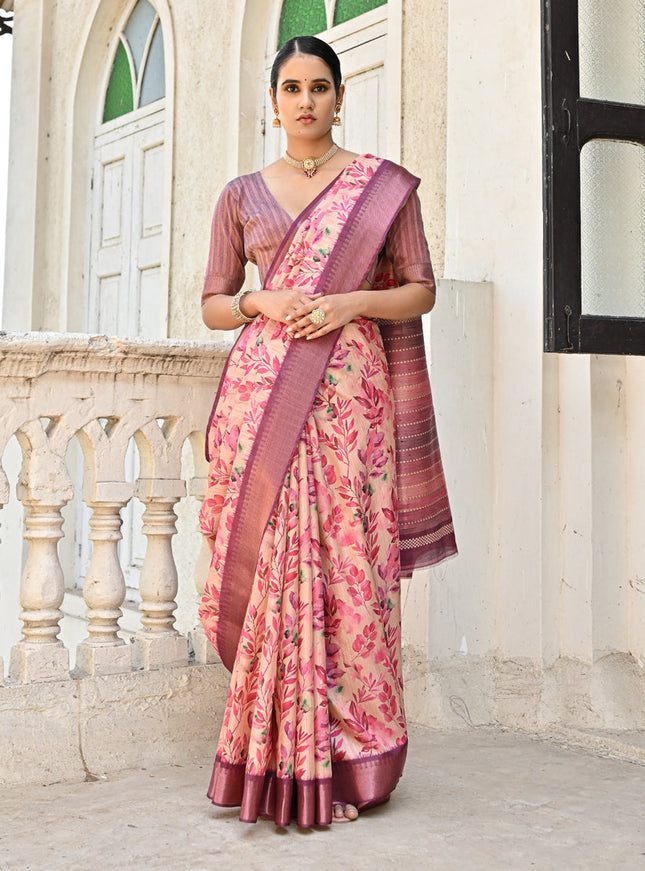 Pink Soft Tussar Silk Zari Woven Saree For Festival