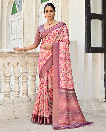 Pink Soft Tussar Silk Zari Woven Saree For Festival