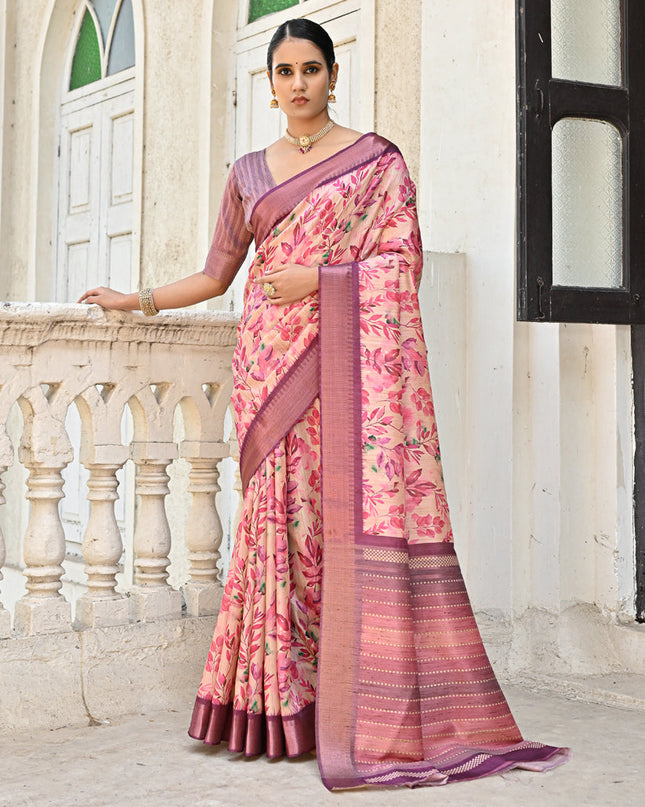 Pink Soft Tussar Silk Zari Woven Saree For Festival