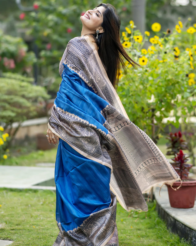 Royal Blue Soft Tussar Silk Zari Woven Saree For Festival