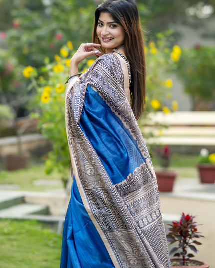 Royal Blue Soft Tussar Silk Zari Woven Saree For Festival
