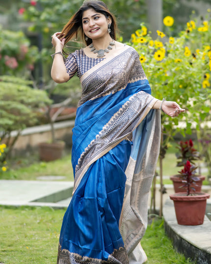 Royal Blue Soft Tussar Silk Zari Woven Saree For Festival