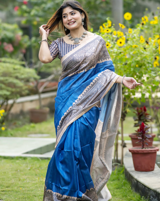 Royal Blue Soft Tussar Silk Zari Woven Saree For Festival