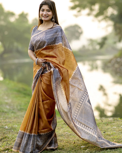 Mustard Soft Tussar Silk Zari Woven Saree For Festival