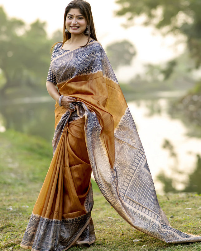 Mustard Soft Tussar Silk Zari Woven Saree For Festival
