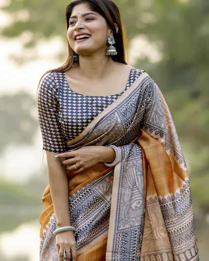 Mustard Soft Tussar Silk Zari Woven Saree For Festival