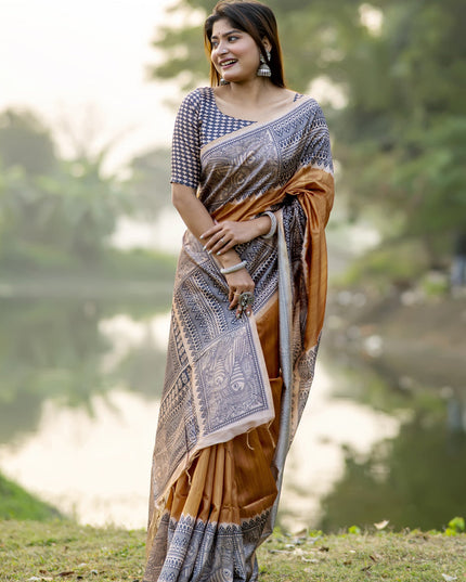 Mustard Soft Tussar Silk Zari Woven Saree For Festival