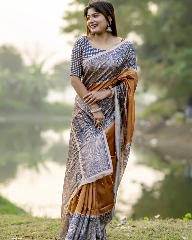 Mustard Soft Tussar Silk Zari Woven Saree For Festival