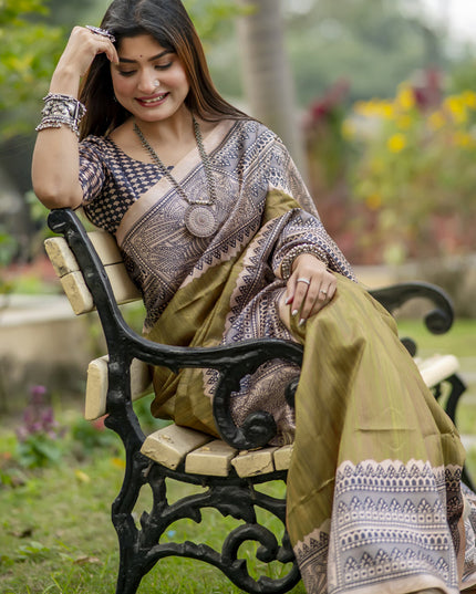 Mahendi Green Soft Tussar Silk Zari Woven Saree For Festival