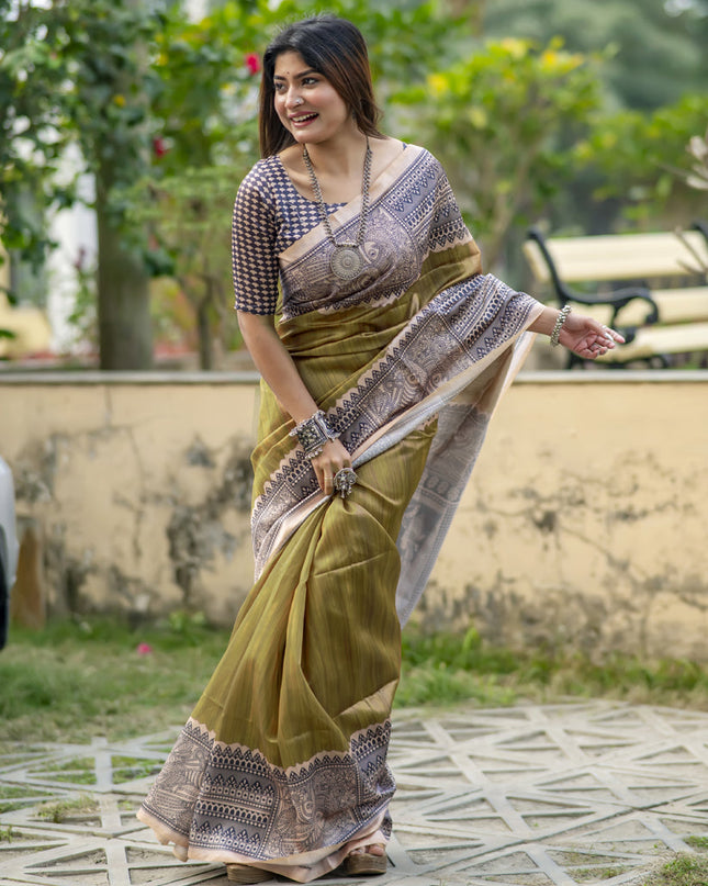 Mahendi Green Soft Tussar Silk Zari Woven Saree For Festival