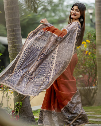 Orange Soft Tussar Silk Zari Woven Saree For Festival
