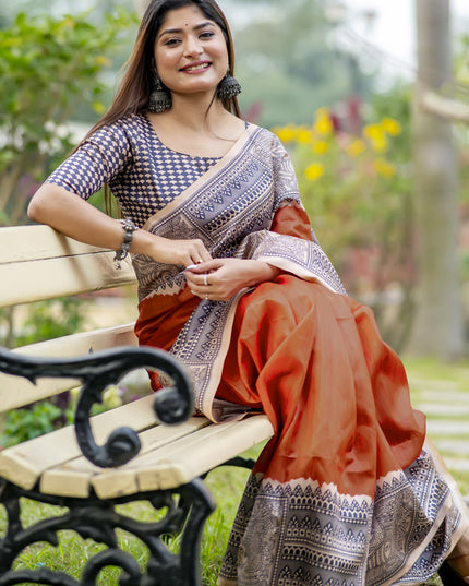 Orange Soft Tussar Silk Zari Woven Saree For Festival