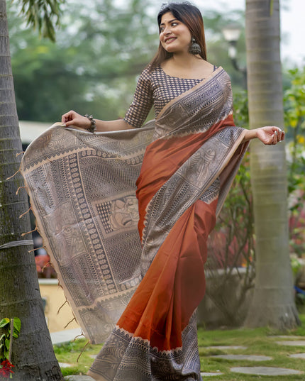 Orange Soft Tussar Silk Zari Woven Saree For Festival