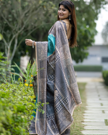 Rama Green Soft Tussar Silk Zari Woven Saree For Festival