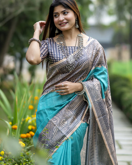 Rama Green Soft Tussar Silk Zari Woven Saree For Festival