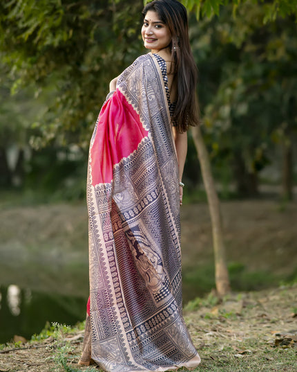 Rani Pink Soft Tussar Silk Zari Woven Saree For Festival