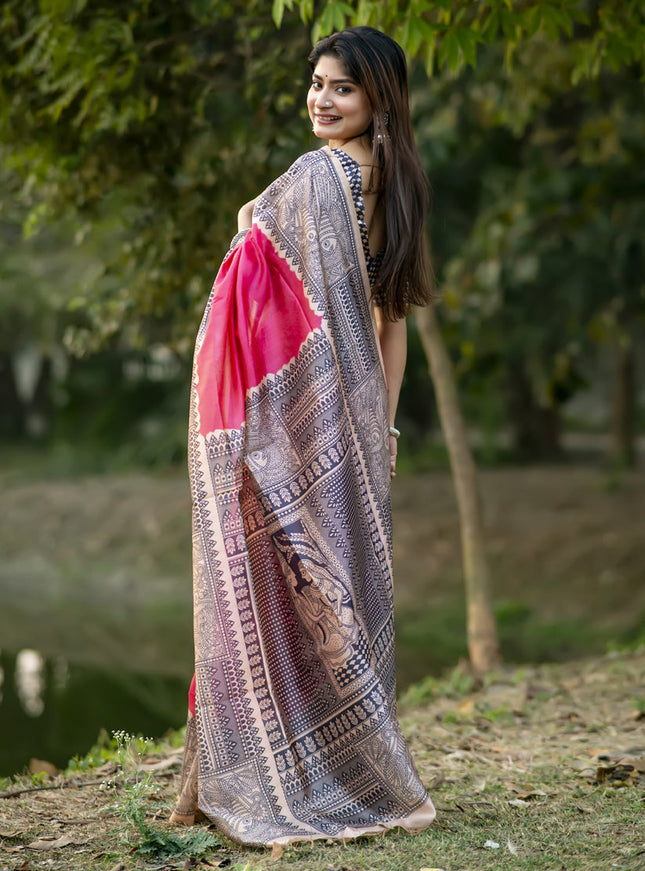 Rani Pink Soft Tussar Silk Zari Woven Saree For Festival