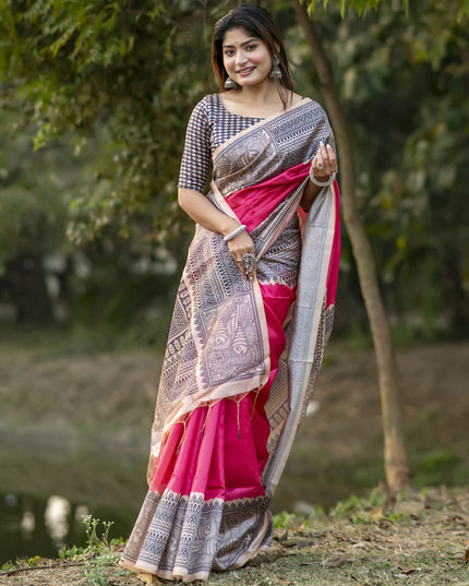 Rani Pink Soft Tussar Silk Zari Woven Saree For Festival