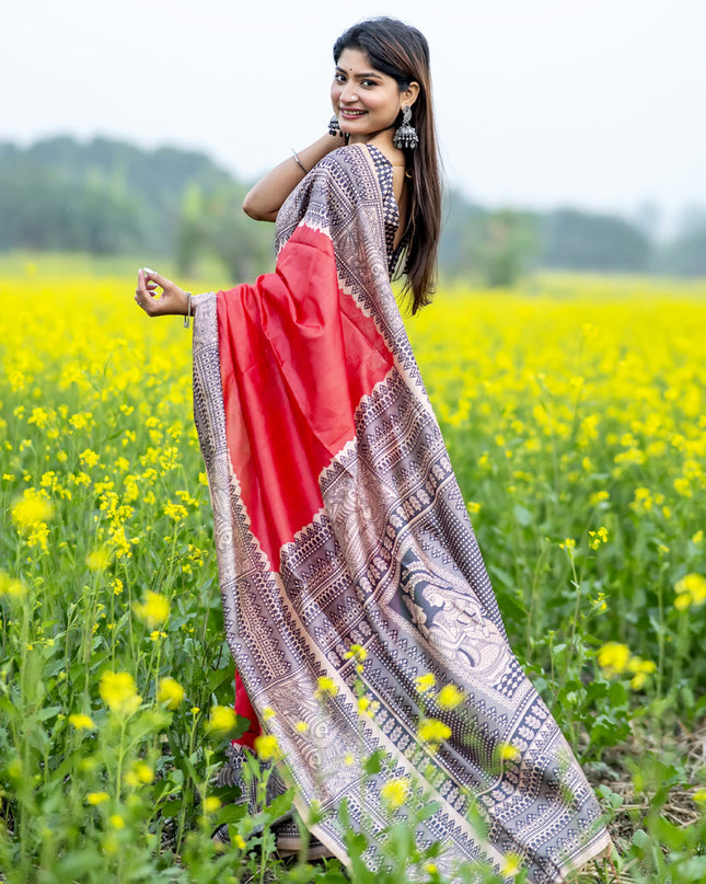 Red Soft Tussar Silk Zari Woven Saree For Festival