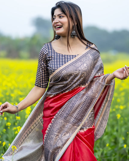 Red Soft Tussar Silk Zari Woven Saree For Festival