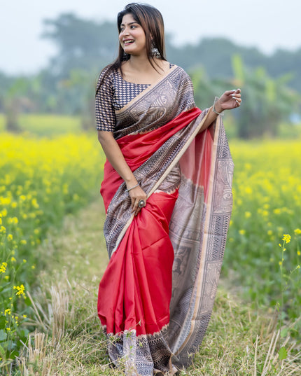 Red Soft Tussar Silk Zari Woven Saree For Festival