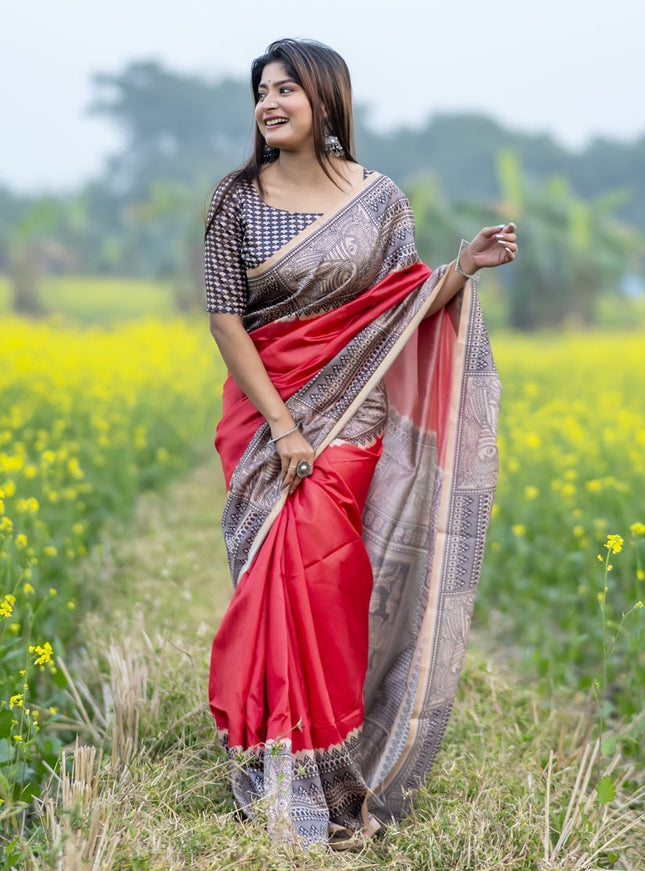 Red Soft Tussar Silk Zari Woven Saree For Festival