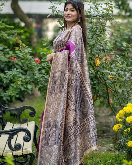 Wine Soft Tussar Silk Zari Woven Saree For Festival