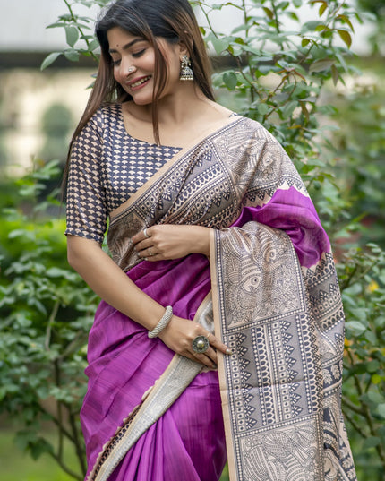 Wine Soft Tussar Silk Zari Woven Saree For Festival