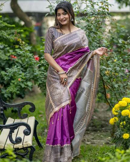 Wine Soft Tussar Silk Zari Woven Saree For Festival