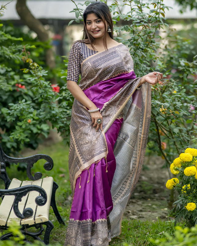 Wine Soft Tussar Silk Zari Woven Saree For Festival