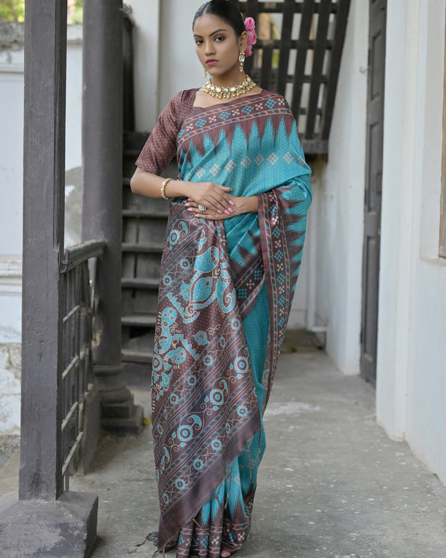 Firozi Soft Tussar Silk Zari Woven Saree For Festival