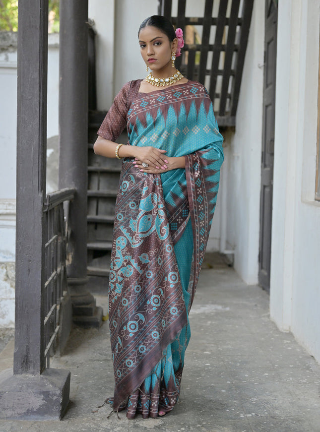 Firozi Soft Tussar Silk Zari Woven Saree For Festival