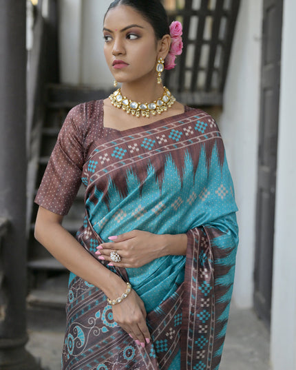 Firozi Soft Tussar Silk Zari Woven Saree For Festival